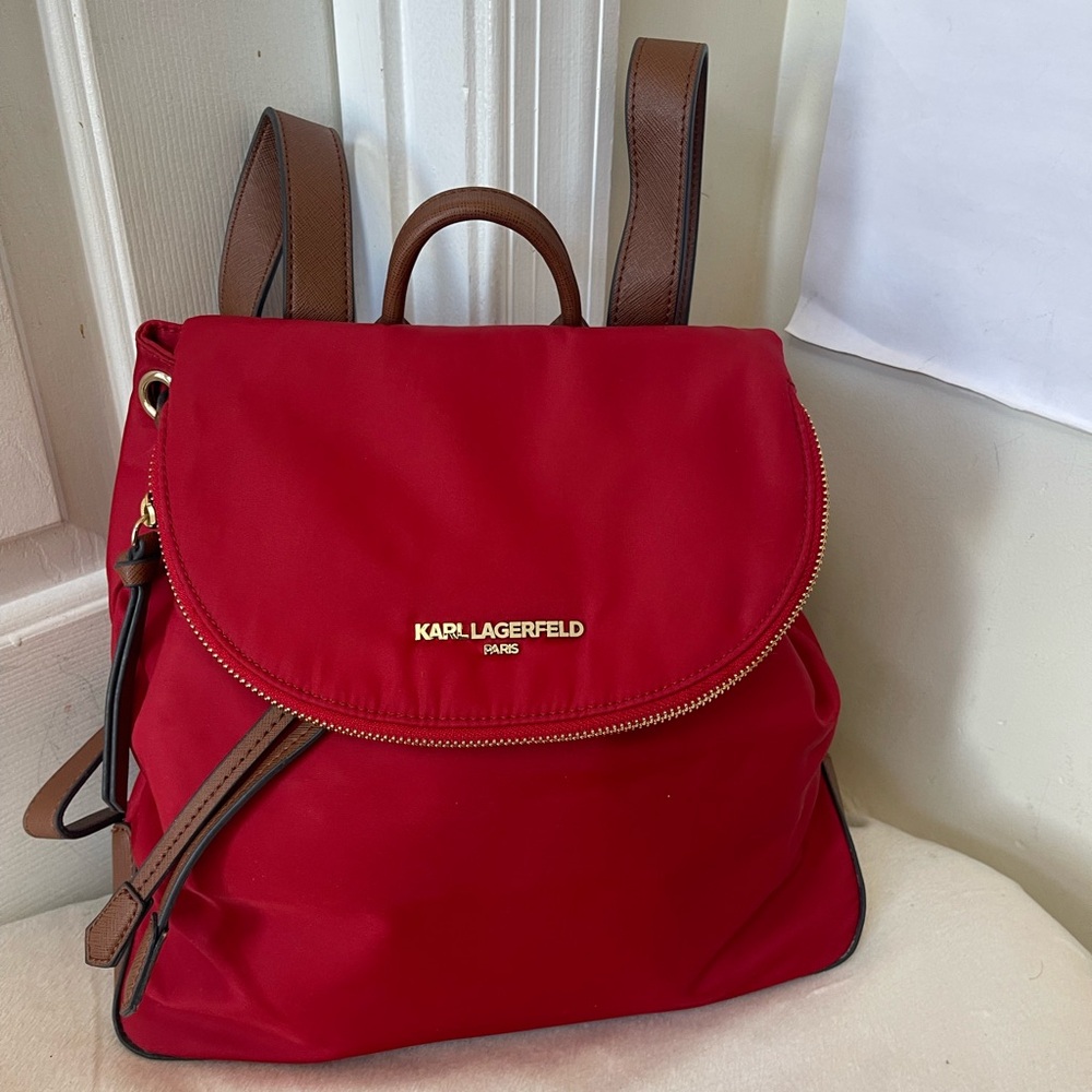 Karl Lagerfeld Cherry Red Backpack with Brown Accents EUC - Picture 7 of 9